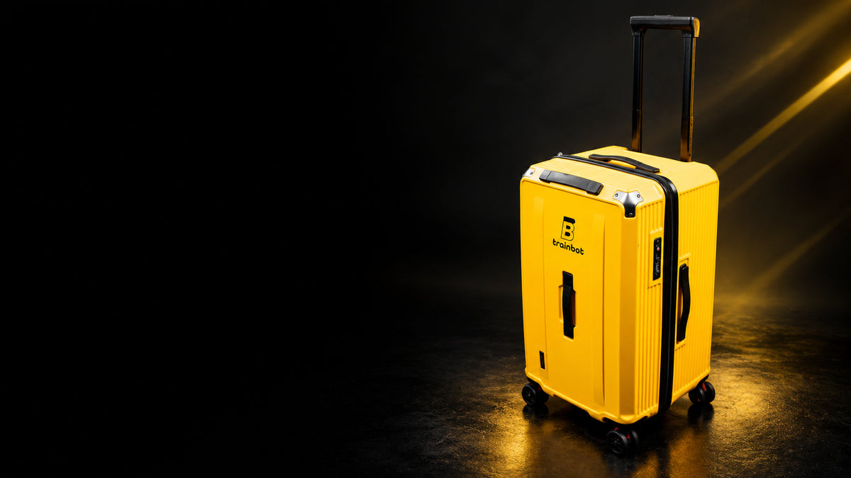 Yellow TrainBot wheeled transport case with an extended handle against a dark background with yellow light streaks.