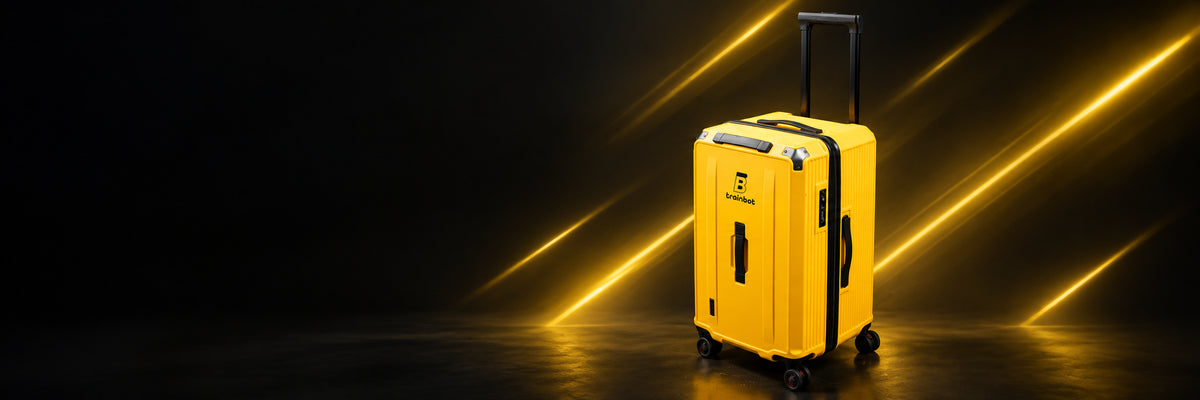 TrainBot travel case with its telescopic handle extended